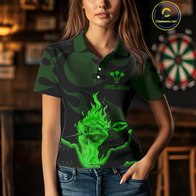 Custom Green Flaming Dart Arrow Polo & 1/4-Zip Darts Shirts Outfit Darts Jersey For Women NYN1052