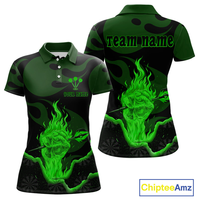 Custom Green Flaming Dart Arrow Polo & 1/4-Zip Darts Shirts Outfit Darts Jersey For Women NYN1052
