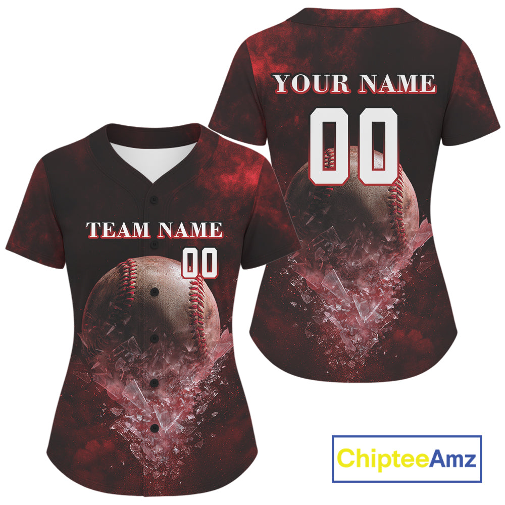 Custom Black & Red Cracked Baseball Ball Shirt For Women Outfits Youth Baseball Team Jersey NYN1054