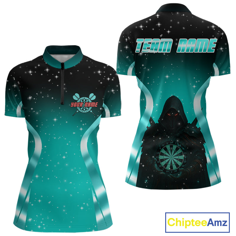 Galaxy Turquoise With Dartboard Darts Shirt For Women - Custom Dart Player Uniform NYN0526