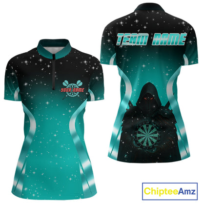 Galaxy Turquoise With Dartboard Darts Shirt For Women - Custom Dart Player Uniform NYN0526