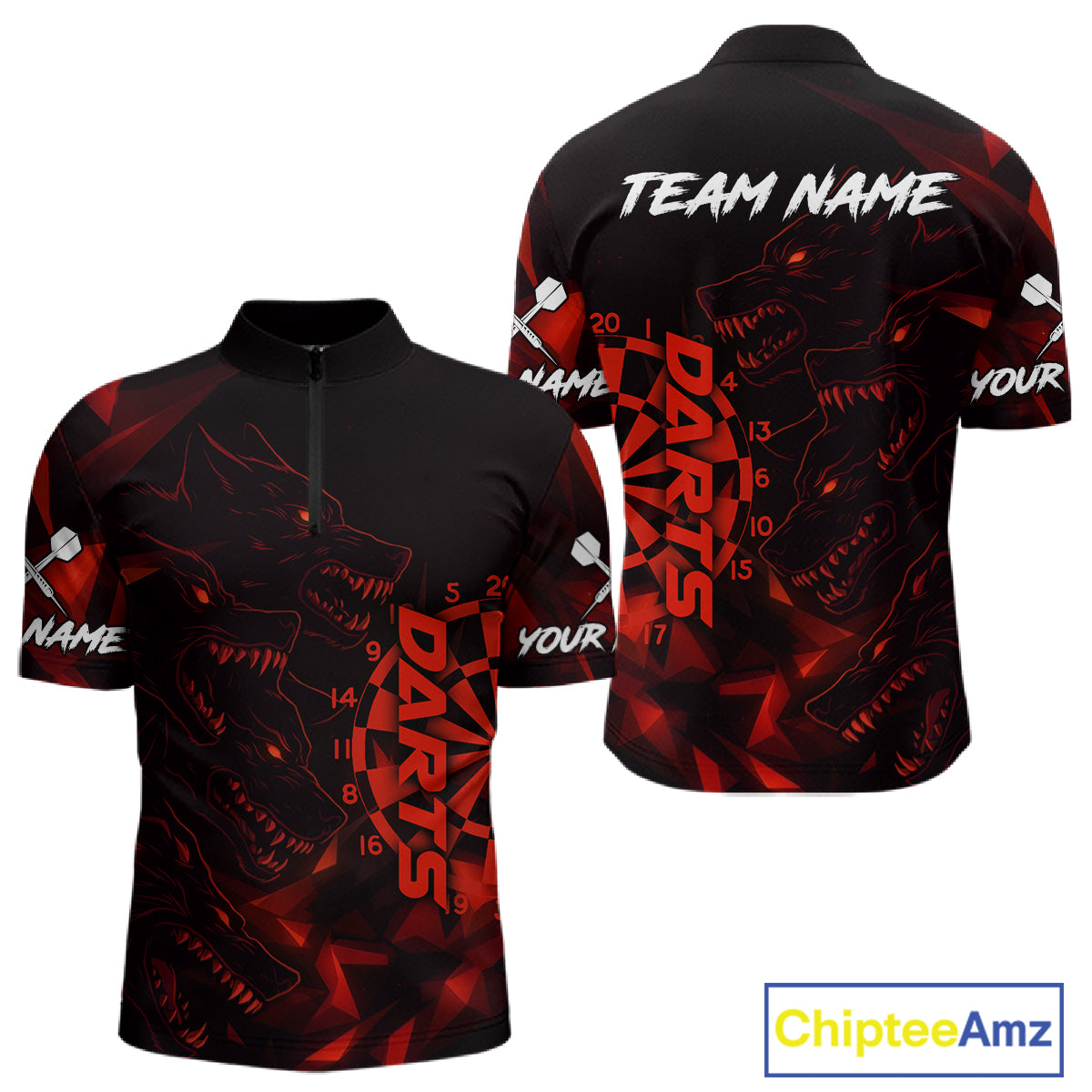 Custom Black And Red Wolf Dartboard Dart 1/4-Zip Jersey For Men Outfits Dart Team Jerseys NYN1400