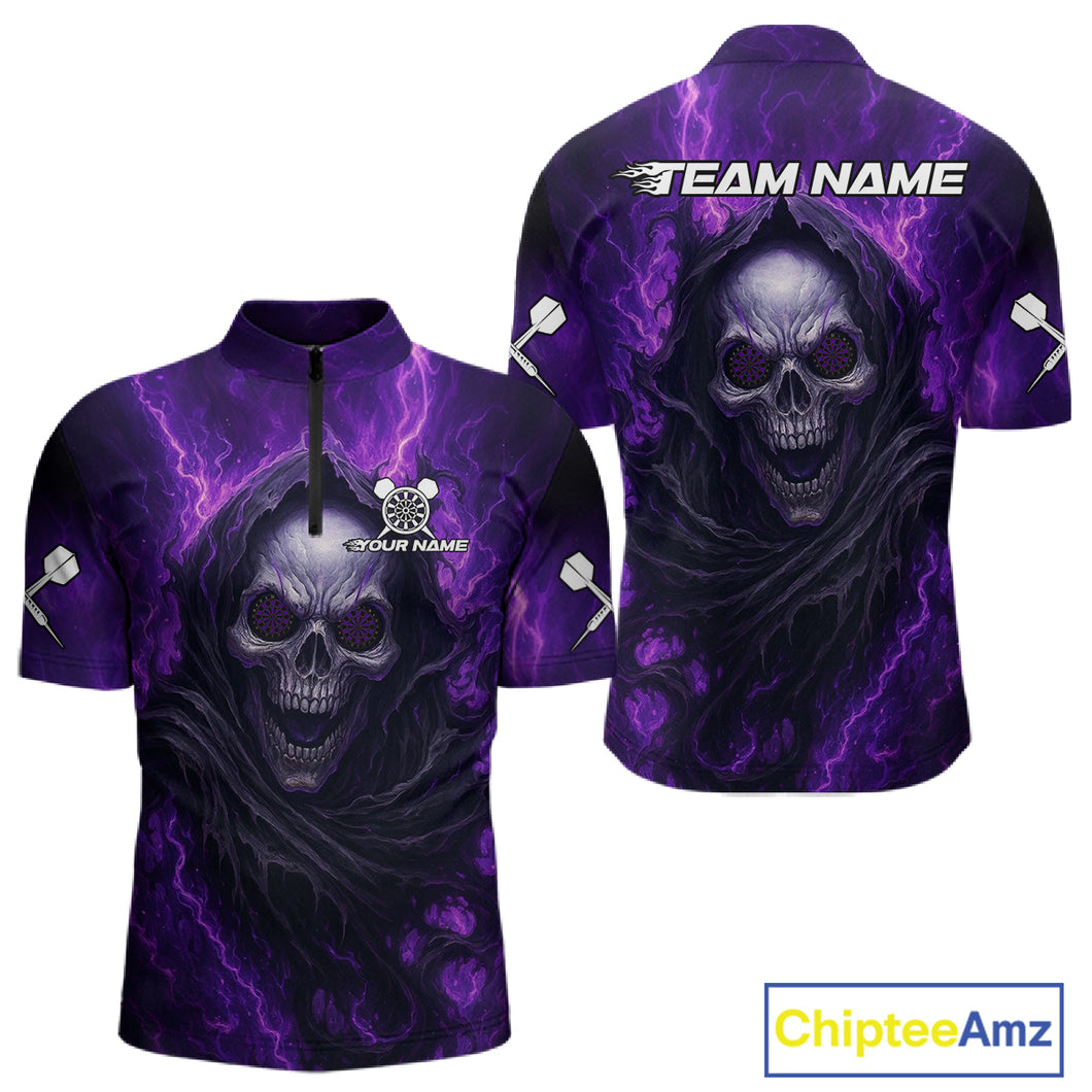 Custom Black-Purple Lightning Skeleton Dart 1/4-Zip Shirt For Men Dart Tournament Jerseys NYN1405