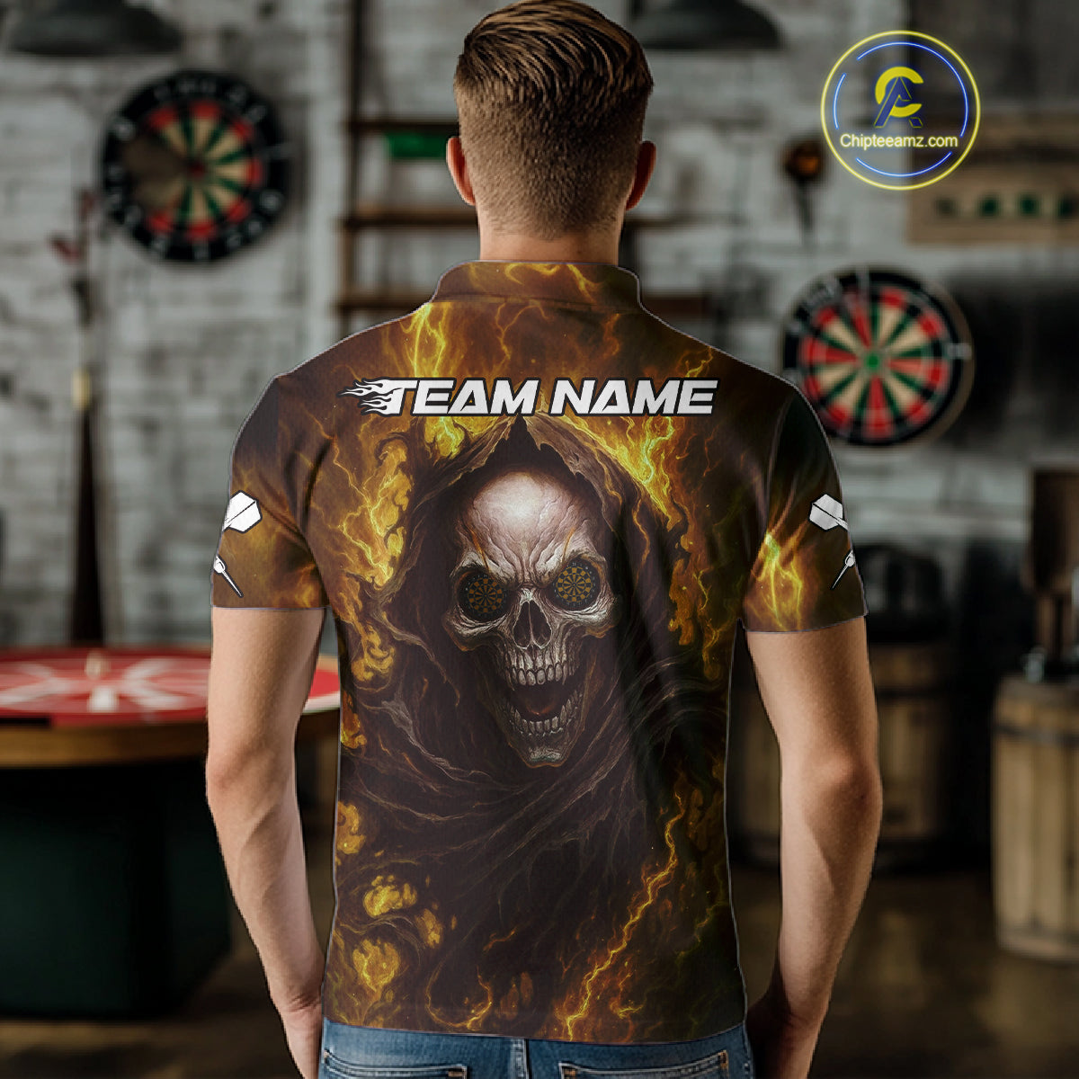 Custom Black-Yellow Lightning Skeleton Dart Shirt For Men Dart Tournament Jerseys NYN1406