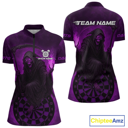 Custom Purple Flames Skeleton Dartboard Dart 1/4-Zip Shirt For Women Dart Tournament Jerseys NYN1410