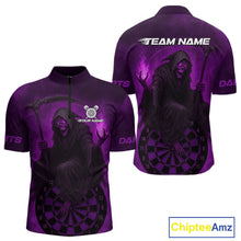 Load image into Gallery viewer, Custom Purple Flames Skeleton Dartboard Dart 1/4-Zip Shirt For Men Dart Tournament Jerseys NYN1410