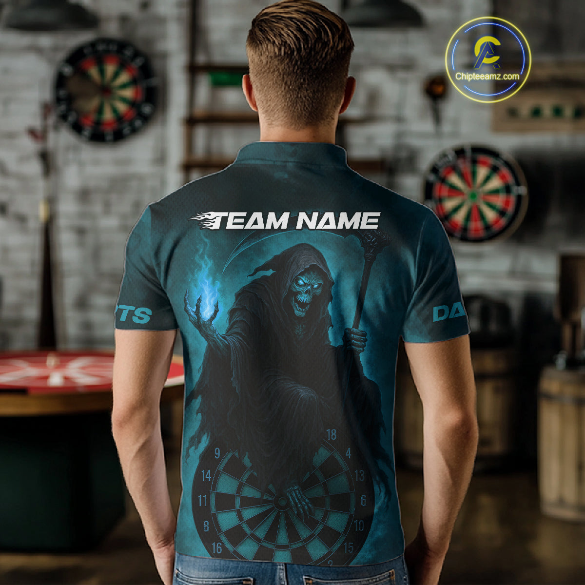 Custom Turquoise Flames Skeleton Dartboard Dart Shirt For Men Dart Tournament Jerseys NYN1411