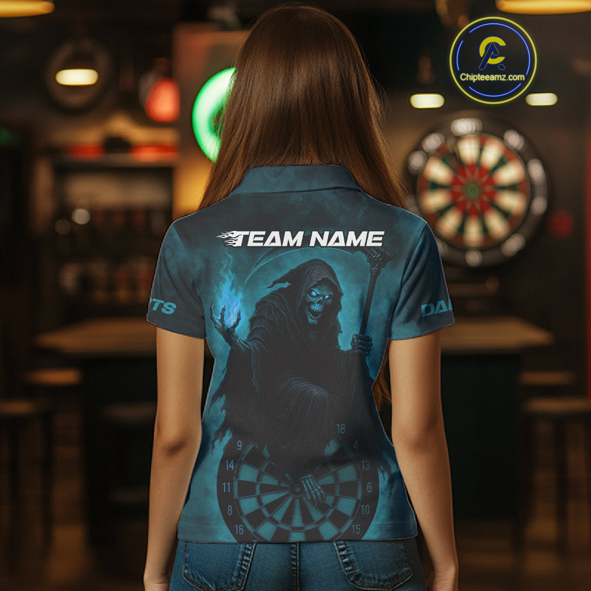 Custom Turquoise Flames Skeleton Dartboard Dart Shirt For Women Dart Tournament Jerseys NYN1411