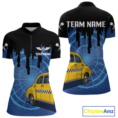Blue Dartboard & Black Dripping Color Women's Darts Shirt - Custom Name For Players NYN0549