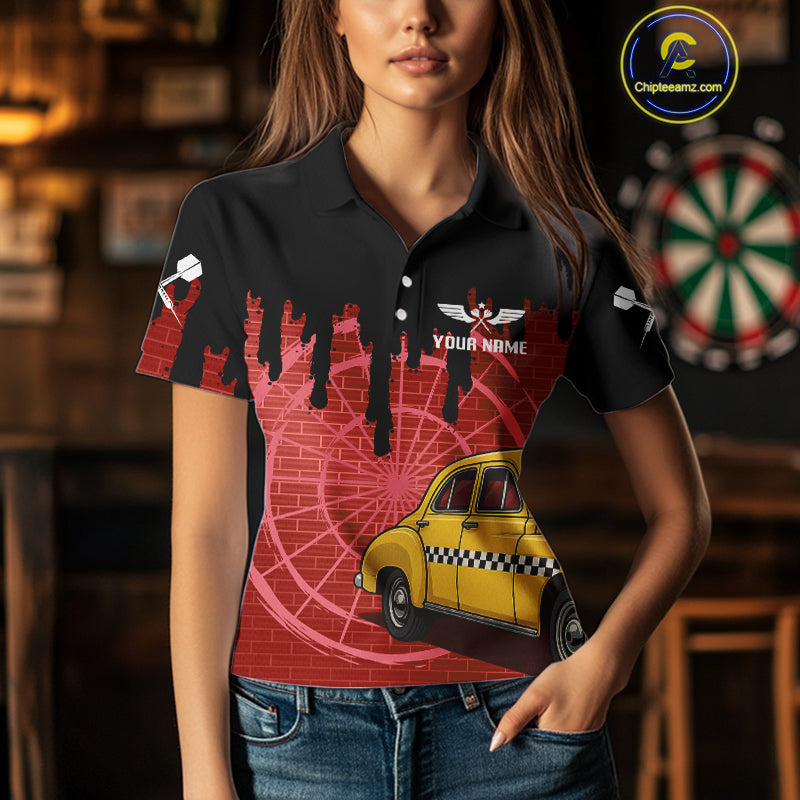 Red Dartboard & Black Dripping Color Women's Darts Shirt - Custom Name For Players NYN0550