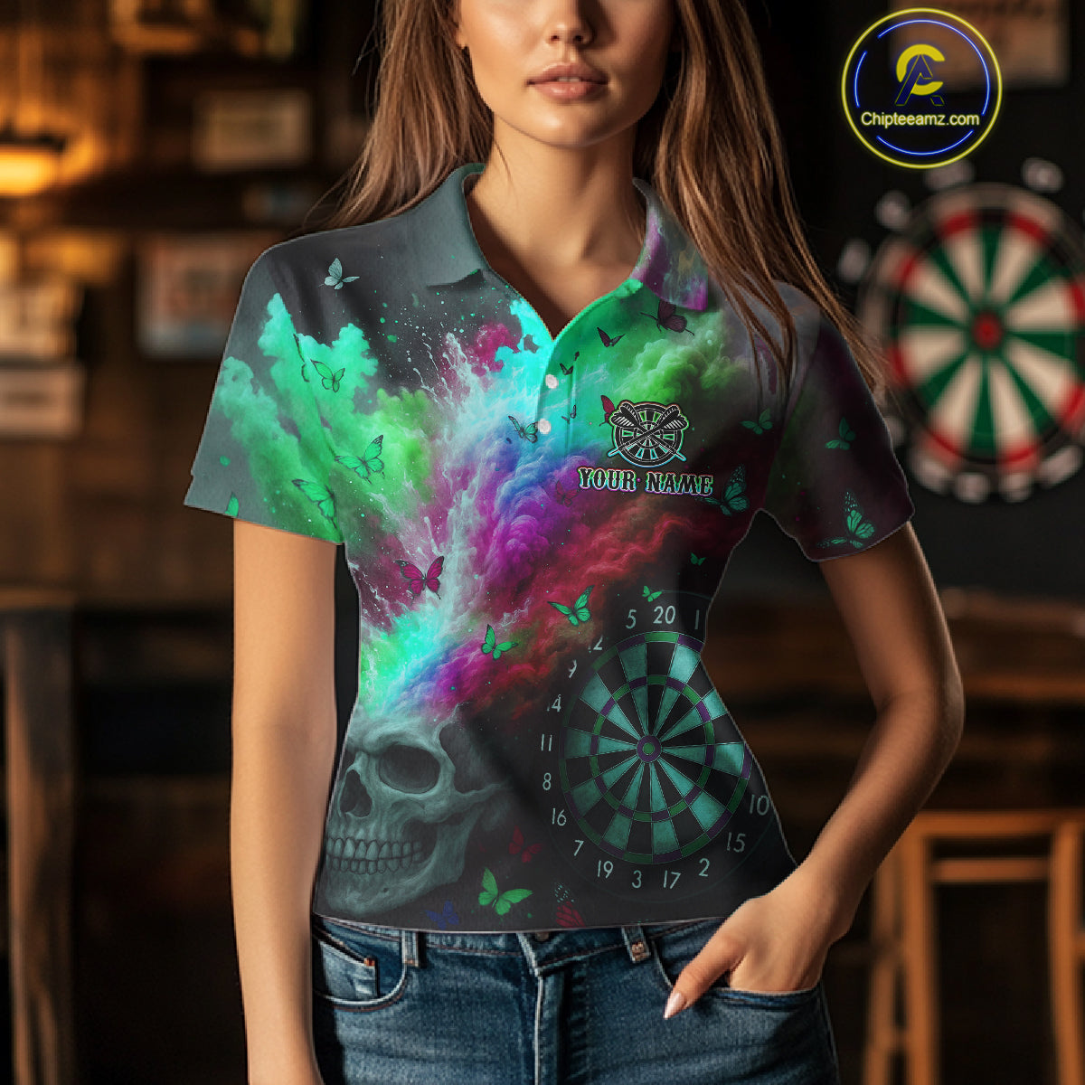 Custom Colorful Smoke Skull Dartboard Women Dart Shirt Outfits Butterflies Dart Jerseys NYN1064