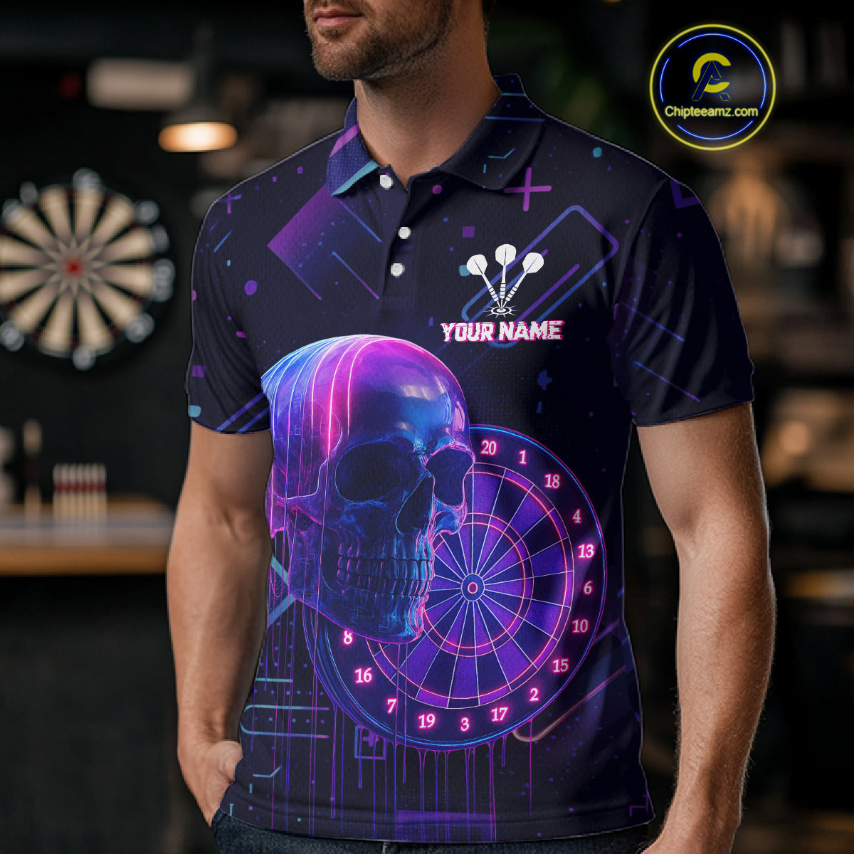 Custom Black & Purple Cyberpunk Dart Shirt For Men Neon Skull Dart Team Jerseys NYN1069