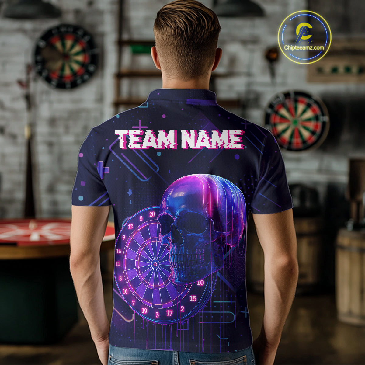 Custom Black & Purple Cyberpunk Dart Shirt For Men Neon Skull Dart Team Jerseys NYN1069