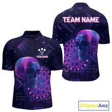 Load image into Gallery viewer, Custom Black &amp; Purple Cyberpunk Dart Shirt For Men Neon Skull Dart Team Jerseys NYN1069