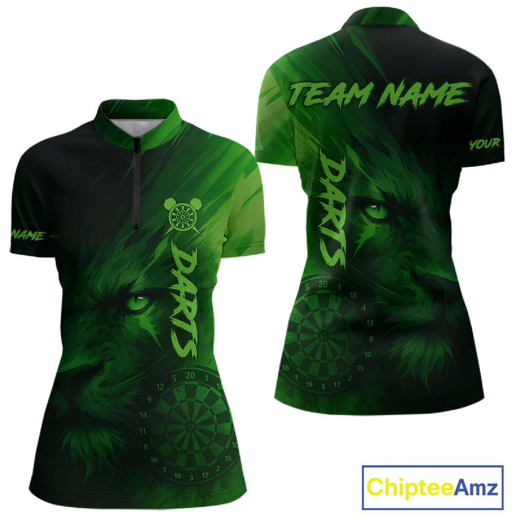 Custom Black-Green Horror Lion Dartboard Dart 1/4-Zip Shirt For Women Grunge Dart Jerseys NYN1412