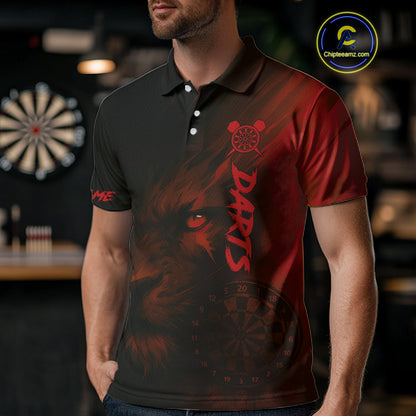 Custom Black-Red Horror Lion Dartboard Dart Polo Shirt For Men Grunge Dart Jerseys NYN1413