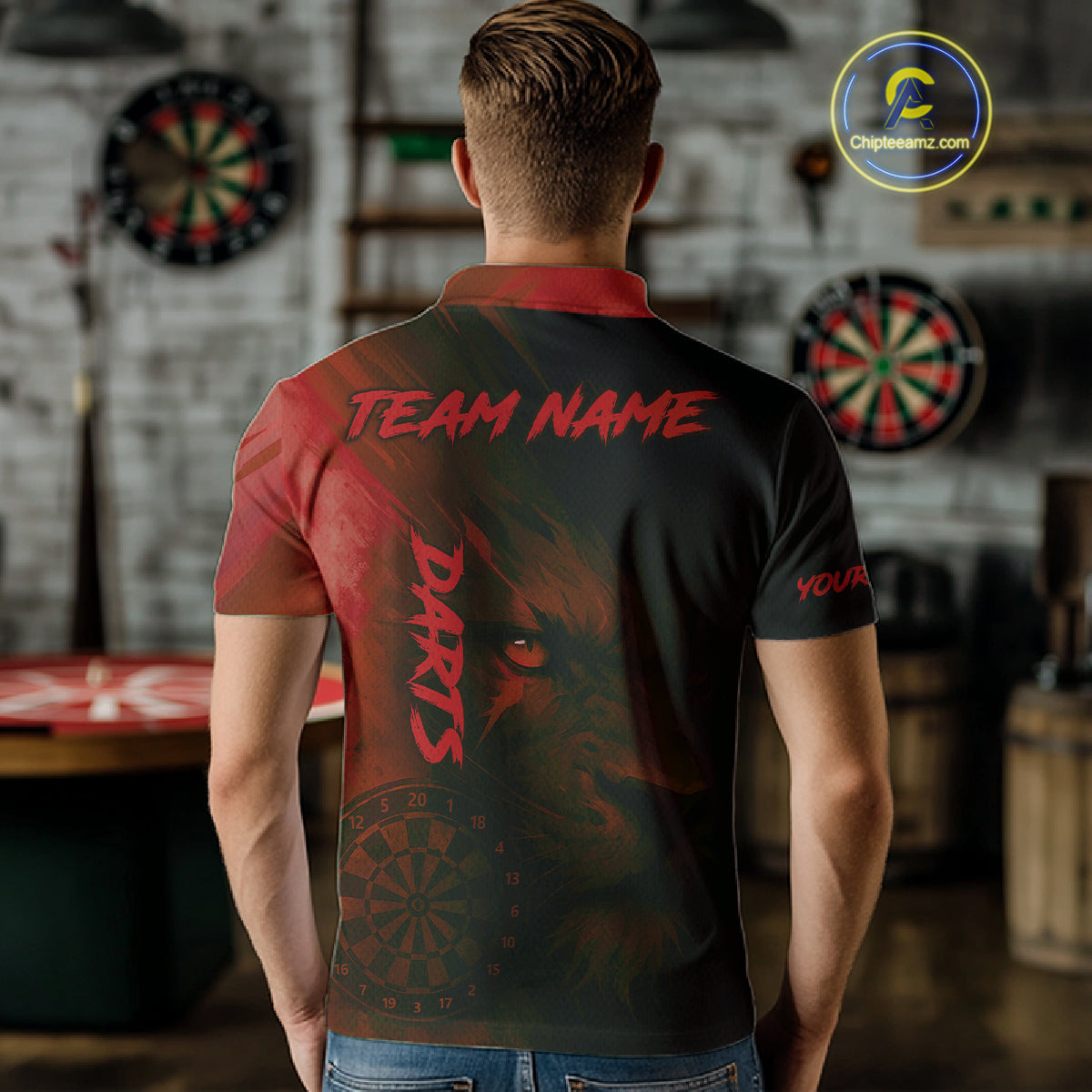 Custom Black-Red Horror Lion Dartboard Dart Polo Shirt For Men Grunge Dart Jerseys NYN1413