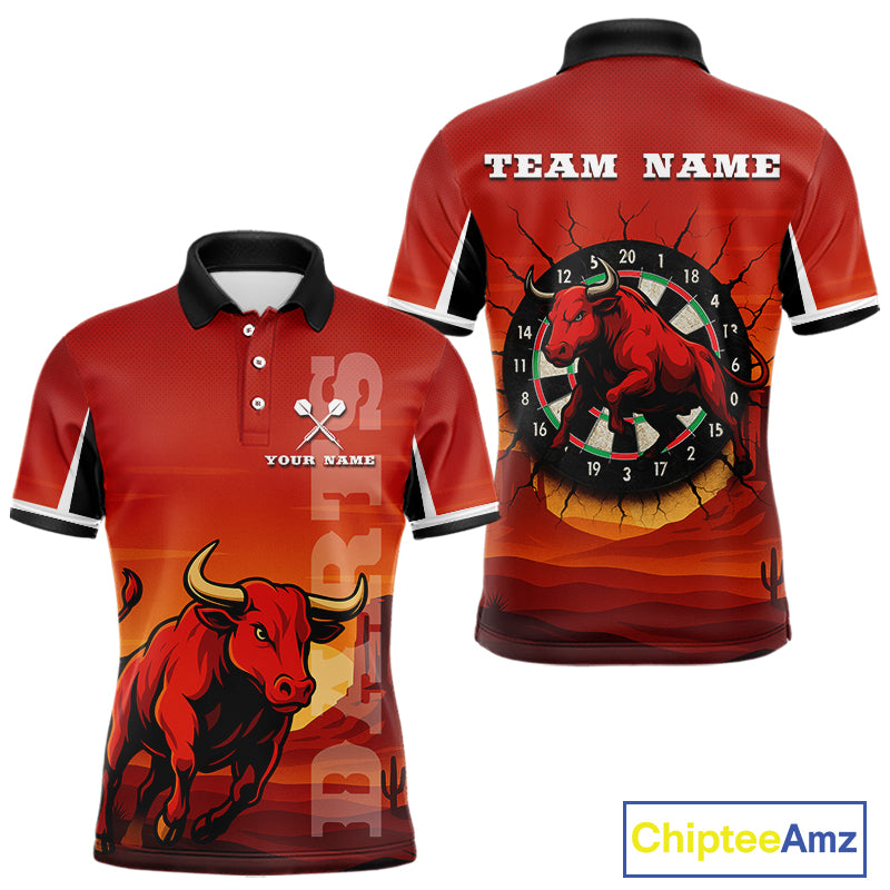 Red Rampage Bull & Cracked Dartboard Men's Darts Shirt - Custom Name For Players NYN0558