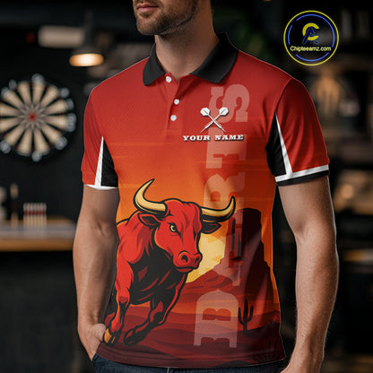 Red Rampage Bull & Cracked Dartboard Men's Darts Shirt - Custom Name For Players NYN0558