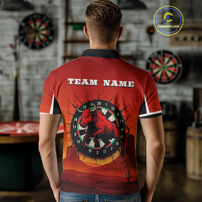 Red Rampage Bull & Cracked Dartboard Men's Darts Shirt - Custom Name For Players NYN0558