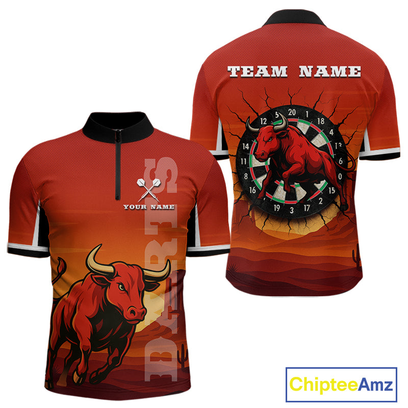 Red Rampage Bull & Cracked Dartboard Men's Darts Shirt - Custom Name For Players NYN0558