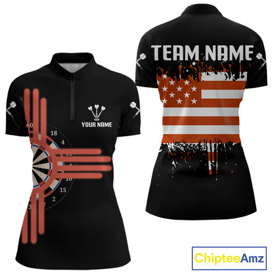 Grunge US Flag & Dartboard Custom Darts Quarter-Zip Shirt For Women - Darts Team Jersey NYN0762