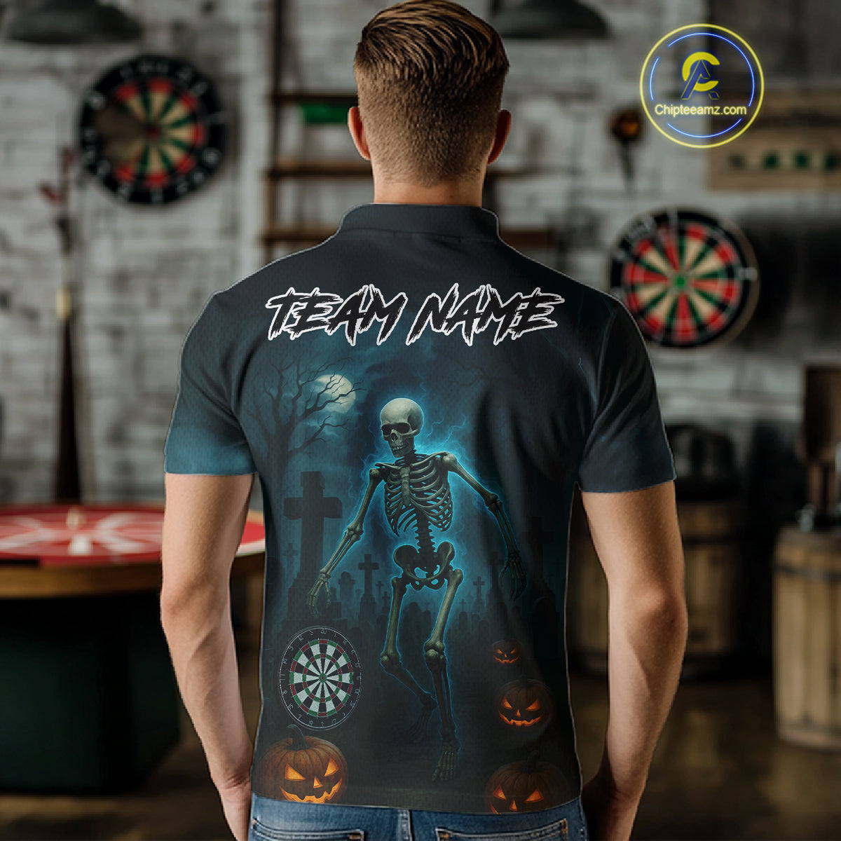 Custom Black And Blue Skull Halloween Darts Shirt For Men Outfits Skull Darts Jersey NYN1086