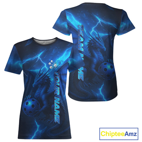 Custom Lightning Blue-Black Dragon Pickleball Ball T-Shirt For Women Outfit Pickleball Jersey NYN1426
