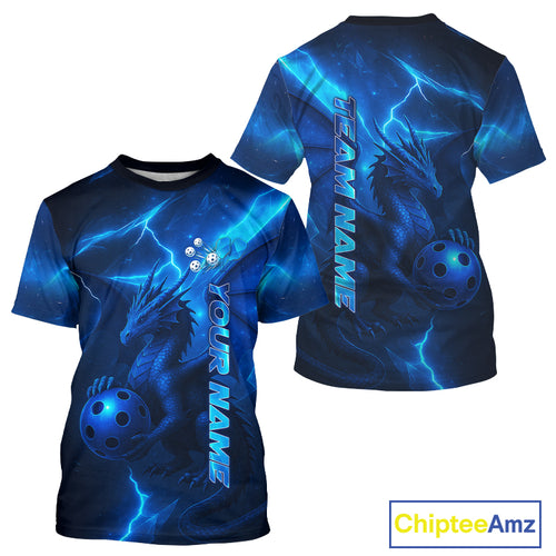 Custom Lightning Blue-Black Dragon Pickleball Ball T-Shirt For Men Outfit Pickleball Jersey NYN1426