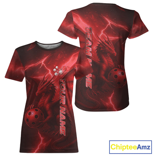Custom Lightning Red-Black Dragon Pickleball Ball T-Shirt For Women Outfit Pickleball Jersey NYN1427