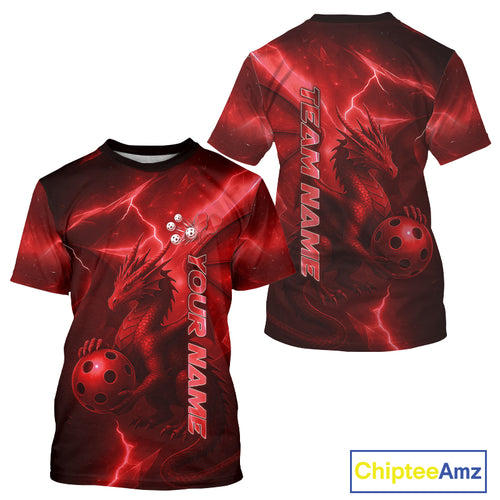 Custom Lightning Red-Black Dragon Pickleball Ball T-Shirt For Men Outfit Pickleball Jersey NYN1427