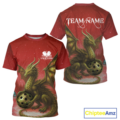 Custom Gold Dragons Red Christmas Pickleball T-Shirt For Men Xmas Pickleball Jersey NYN1435