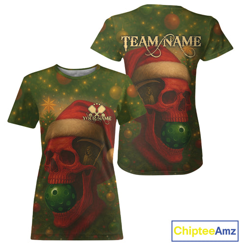 Custom Red Skulls Christmas Green Pickleball Ball T-Shirt For Women Xmas Pickleball Jersey NYN1443