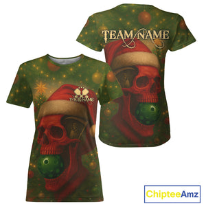 Custom Red Skulls Christmas Green Pickleball Ball T-Shirt For Women Xmas Pickleball Jersey NYN1443