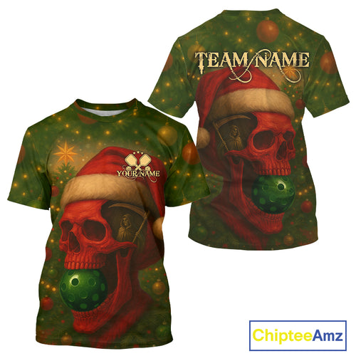 Custom Red Skulls Christmas Green Pickleball Ball T-Shirt For Men Xmas Pickleball Jersey NYN1443