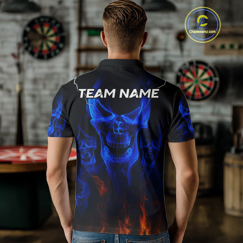 Custom Men's Darts Polo Jersey Flaming Blue Skull Dartboard For Darts Team NYN0773
