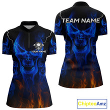 Load image into Gallery viewer, Custom Women's Darts Quarter-Zip Jersey Flaming Blue Skull Dartboard For Darts Team NYN0773
