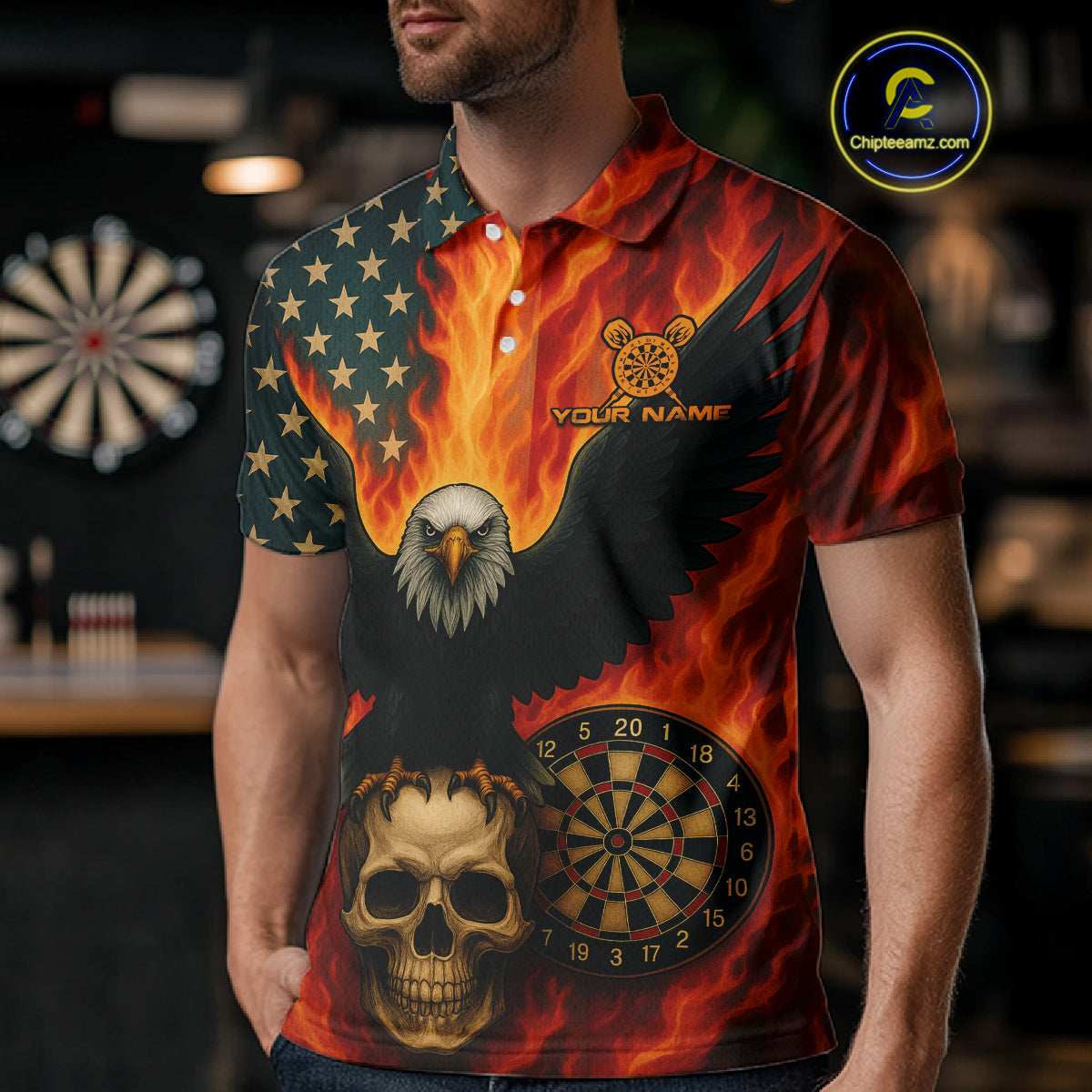 Custom Patriotic Darts Shirt For Men Flames Eagle US Flag Dart Jerseys, Darts Team NYN1127