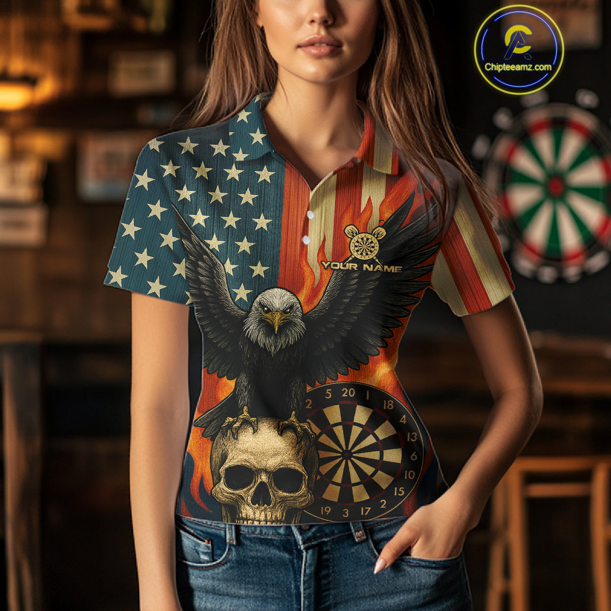 Custom Women US Flag Patriotic Darts Shirt Flame Eagle Retro Dart Jerseys, Darts Team NYN1128