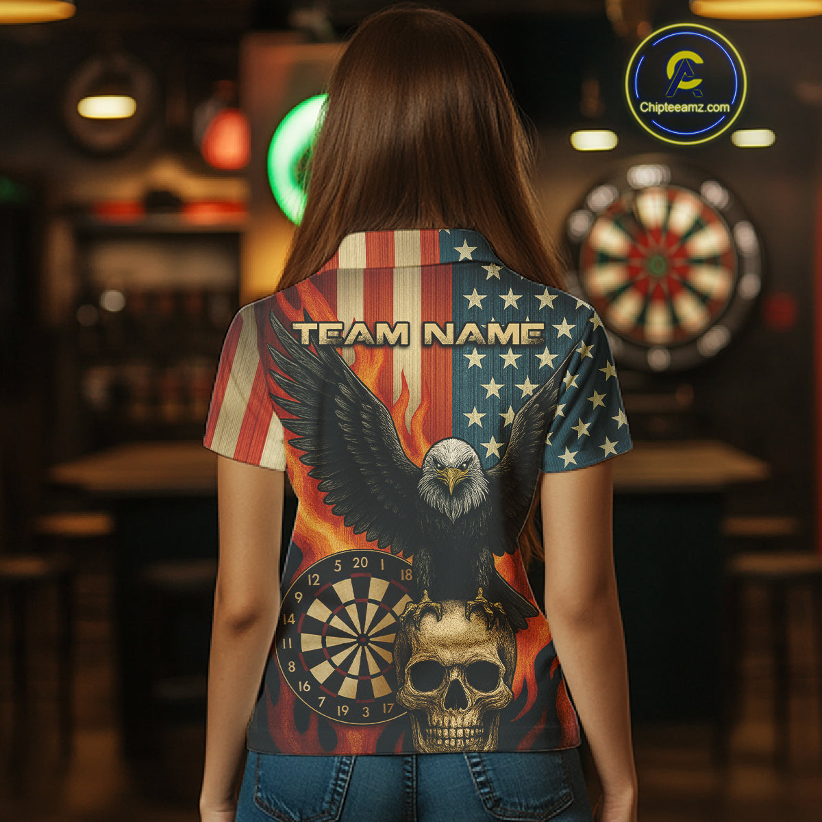 Custom Women US Flag Patriotic Darts Shirt Flame Eagle Retro Dart Jerseys, Darts Team NYN1128