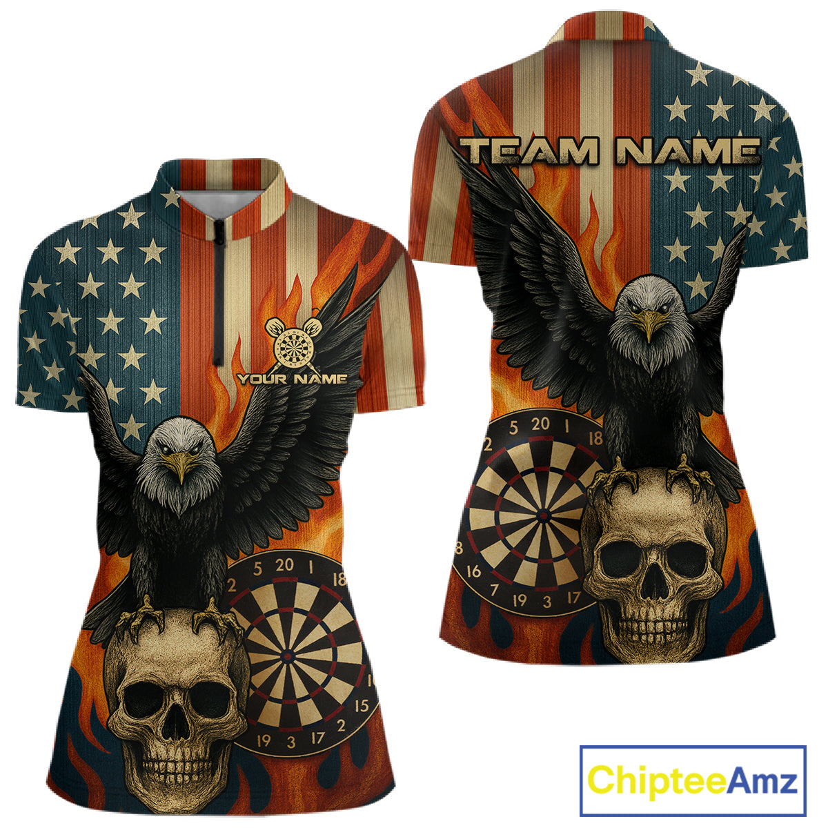 Custom Women US Flag Patriotic Darts Shirt Flame Eagle Retro Dart Jerseys, Darts Team NYN1128