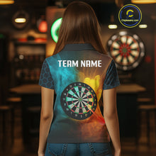Load image into Gallery viewer, Turquoise &amp; Yellow Smoke Dartboard Darts Shirt For Women - Custom Name &amp; Team Jersey NYN0587