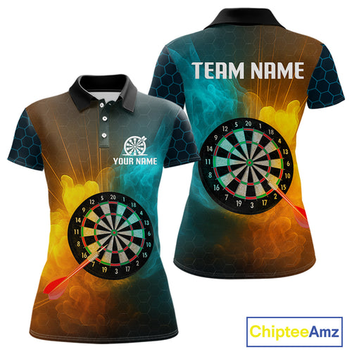Turquoise & Yellow Smoke Dartboard Darts Shirt For Women - Custom Name & Team Jersey NYN0587