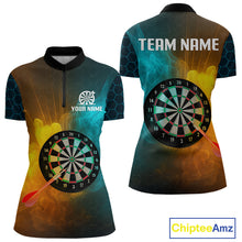 Load image into Gallery viewer, Turquoise &amp; Yellow Smoke Dartboard Darts Shirt For Women - Custom Name &amp; Team Jersey NYN0587