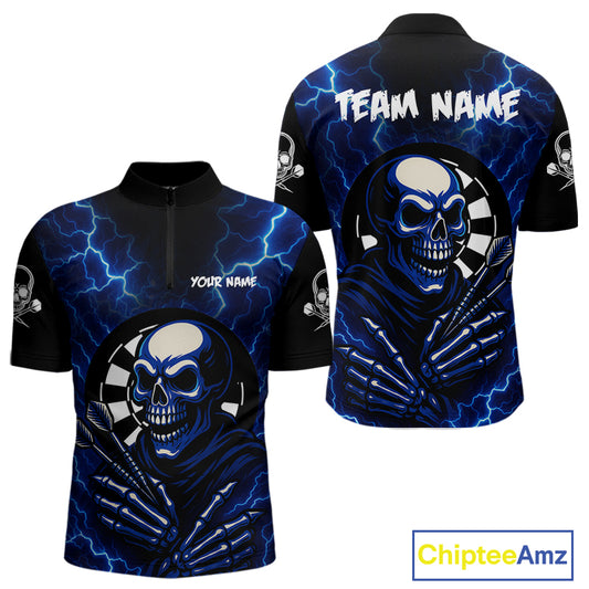 Thunder Lightning Skeleton Dartboard Blue Darts Shirt For Men - Custom Name & Team  NYN0591