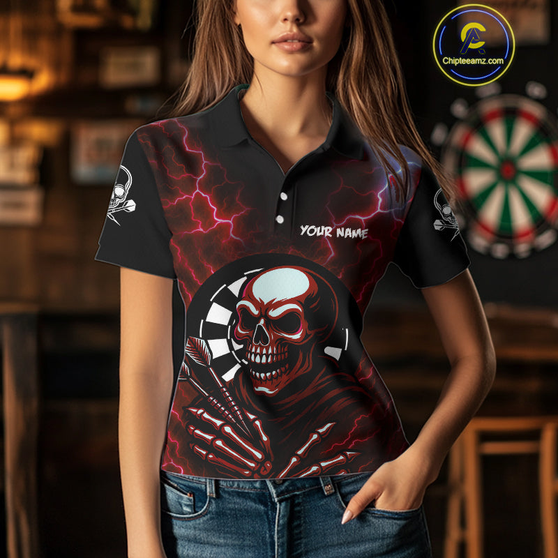 Thunder Lightning Skeleton Dartboard Red Darts Shirt For Women - Custom Name & Team  NYN0592