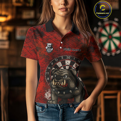 Bull Dog And Dartboard Red Grunge Darts Shirt For Women - Custom Name & Team Jersey NYN0596