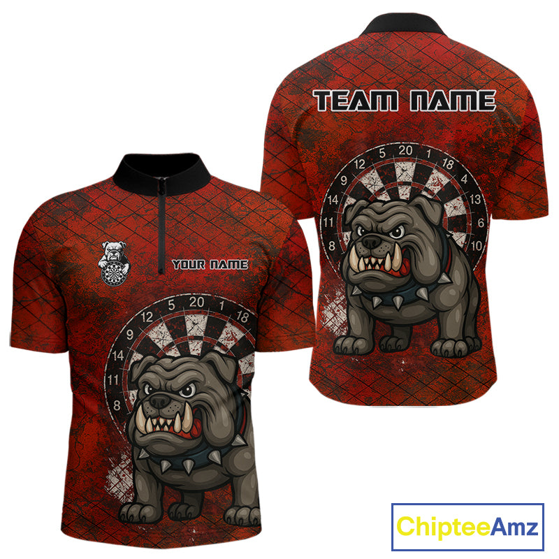 Bull Dog And Dartboard Red Grunge Darts Shirt For Men - Custom Name & Team Jersey NYN0596
