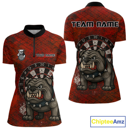 Bull Dog And Dartboard Red Grunge Darts Shirt For Women - Custom Name & Team Jersey NYN0596