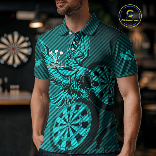 Custom Eagle & Dartboard Turquoise Stripes Dart Polo Shirts For Men, Dart Team Jerseys NYN0783